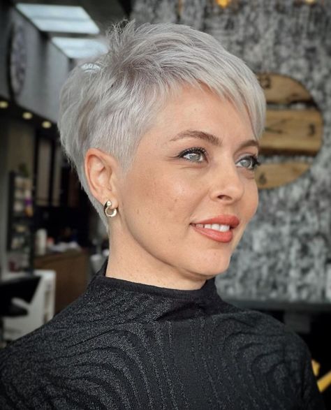 Elegant Gray Pixie with Side Undercut Silver Hair Pixie Haircut, Side Undercut, Super Short Pixie Cuts, Gray Pixie, Sashay Scarf, Pixie Haircut Fine Hair, Shaved Pixie, Short Blonde Pixie, Short Pixie Bob