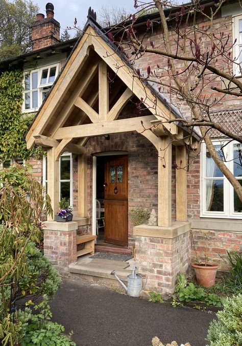 Window Arbor, Half Brick Wall, Oak Porch, Timber Frame Porch, Cottage Front Doors, Porch Kits, Porch Styles, Cottage Porch, House Front Porch