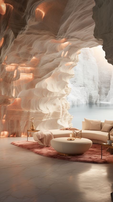 White and Rose Gold Aesthetics Interior Design inspired by Natural Cave Cave Interior Design, Aesthetics Interior Design, Cave Interior, Gold Aesthetics, Cave Living Room, Natural Cave, White Interior Design, Gold Aesthetic, Living Room White