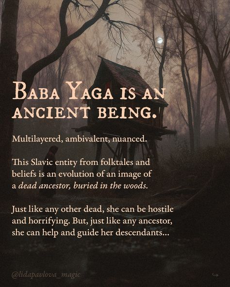 I’ve been telling a lot about Baba Yaga, and I guess I made her sound very grim. But she is an ambivalent entity, she is neither evil, nor good. So, this post is about the ways in which Baba Yaga can help… (And for more on her, you can see my Slavic folklore highlight) Do you still enjoy my Baba Yaga insights? And what other spirits, deities or creatures from Slavic folklore would you like to know more about? 🧙🏻‍♀️Find more Slavic culture posts on my page: @lidapavlova_magic Leshy Slavic Mythology, Celtic Folklore Creatures, Slavic Folklore Aesthetic, Baba Yaga Aesthetic, Slavic Magic, Slavic Witchcraft, Witch Wife, Ukrainian Folklore, German Folklore