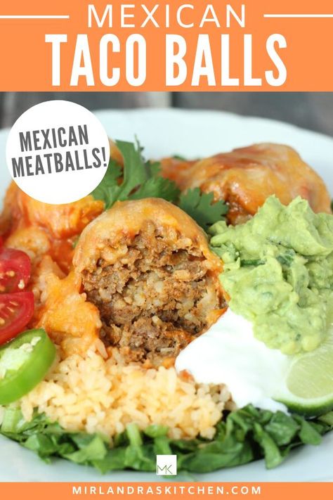 Taco Balls are a fun twist on Tacos and Meatloaf. These delicious Mexican Meatballs are full of rice - no gluten here! And they are served in this delicious cheesy sauce - YUM. You can sub ground turkey in here if you like! #dinner #easy #Mexicanfood #comfortfood #rice Taco Balls, Hamburger Tacos, Taco Meatballs, Ball Appetizers, Taco Fixings, Mexican Meatballs, Delicious Tacos, Meatball Casserole, Taco Sauce