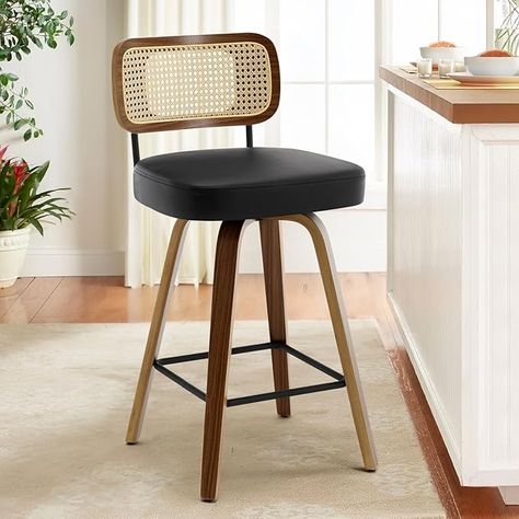 Amazon.com: Bekrvio Swivel Counter Height Bar Stools, Upholstered Faux Leather Barstools with Rattan Back, 26" Seat Height Bar Chairs for Kitchen Island, Bentwood Wood Frame, Black : Home & Kitchen Walnut Texture, Black Counter Stools, Mid Century Modern Bar, Brown Bar Stools, Island Stools, Wood Counter Stools, Counter Bar, Bar Height Stools, Black Bar Stools