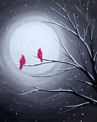 Cardinals In The Snow Winter Scenes, Winter Cardinal Painting Easy, Diy Holiday Painting, Easy Cardinal Painting, Winter Sip And Paint Ideas, 4 X 4 Canvas Painting Ideas, Easy Xmas Paintings, Valentines Acrylic Painting, Cardinal Painting Easy