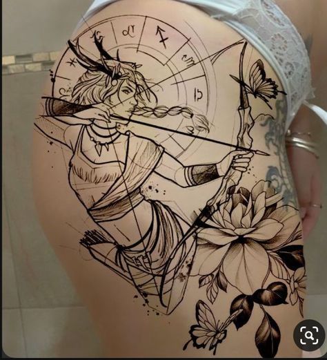 Sagittarius Tattoo Designs For Women, Sagittarius Goddess Tattoo, Artemis Tattoo, Archer Tattoo, Girlfriend Tattoos, Sagittarius Tattoo Designs, Tattoo Perna, Arm Tattoos Drawing, Woman Sleeve