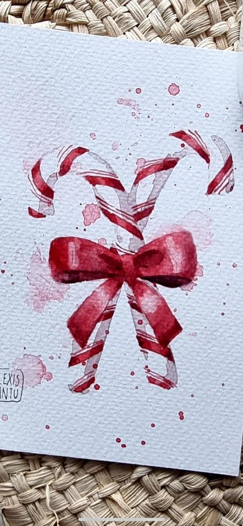 Candy Cane Watercolor, Watercolor Candy Cane, Aesthetic Candy Cane, Candy Cane Painting, Christmas Watercolor Ideas Xmas Cards, Painting Objects, Christmas Watercolors, Holiday Watercolor, Candy Cane Cards