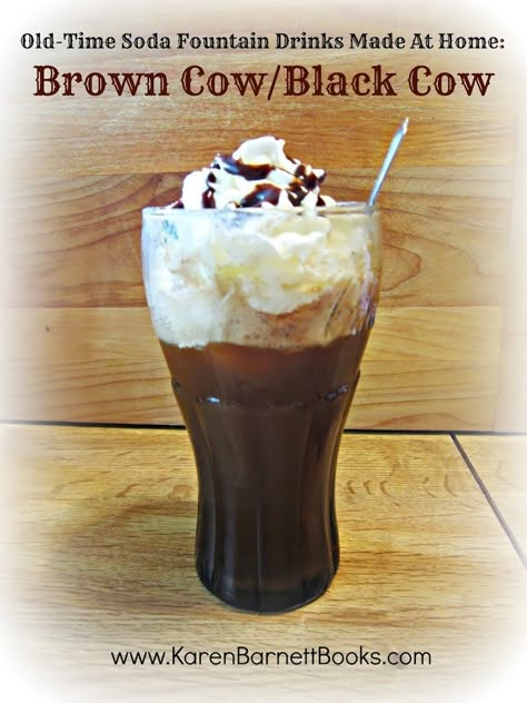 Old Fashion Soda Recipes, Brown Cow Drink Recipe, Cow Themed Drinks, Chocolate Soda Recipe, Cream Soda Drinks, Soda Fountain Recipes, Brown Cow Drink, Cream Soda Mixed Drink, Soda Fountain Drinks