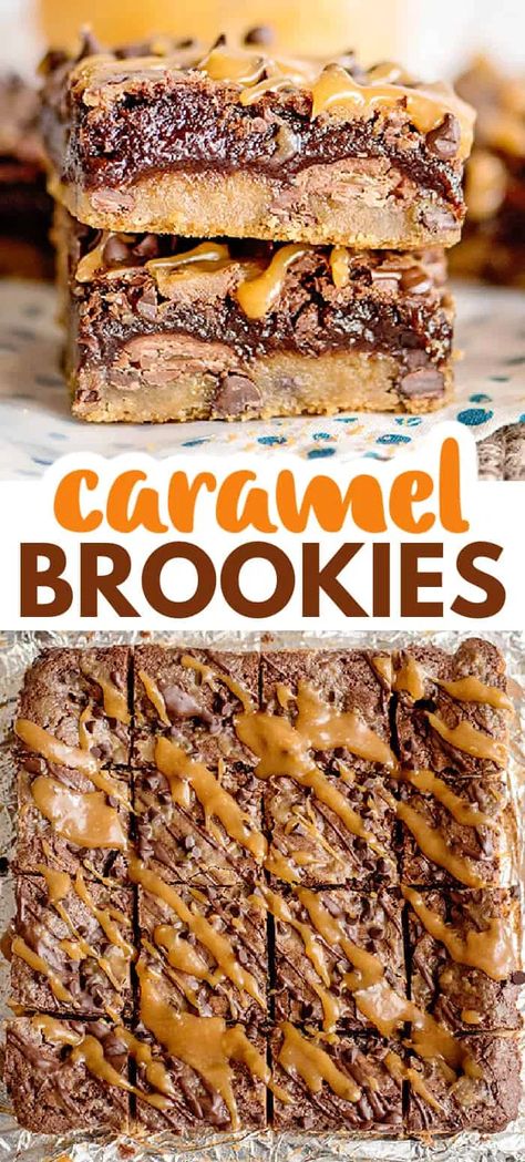 Caramel Brookie Bars - Caramel Brookies is an over-the-top decadent layered brookie bar recipe that is full of sweetness. Brownie batter, chocolate chip cookie dough, Caramel filled Hershey Kisses, chocolate chips, and of course sweet caramel sauce. If you're looking for a semi-homemade brookie recipe, you have to give these bars a try. #dessertrecipes #falldesserts #cookiedough #cookiedoughandovenmitt Caramel Brookies, Brookies Recipes, Brookie Bars, Brookie Recipe, Pillsbury Chocolate Chip Cookies, Pillsbury Cookie Dough, Chocolate Chip Cookie Dough Brownies, Brookies Recipe, Sweet Potato Cheesecake