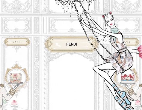 Megan Hess Illustration, Fendi Kan I, Kerrie Hess, Room Illustration, Megan Hess, Retail Store Display, Mermaid Theme Party, Interior Room, Mermaid Theme