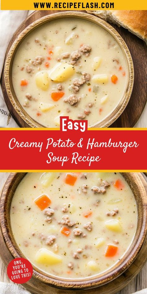 Need a cozy meal that’s both hearty and simple? Try our Creamy Potato & Hamburger Soup Recipe, made in your trusty crockpot for a hassle-free dinner. It’s a creamy delight that’s perfect for sharing. Pin it now for those busy weeknights ahead! Creamy Potato Hamburger Soup Crockpot Meals, Potato Soup With Meat, Crockpot Creamy Potato & Hamburger Soup, Hamburger Soup Recipe Easy, Crockpot Hamburger Soup, Potato And Hamburger Soup, Potato And Hamburger, Hamburger Soup Crockpot, Potato Hamburger Soup