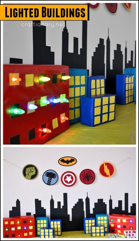 DIY lighted buildings for birthday party #superhero.. Great idea that can be used with any party theme Hero Central Vbs, Ideas For Birthday Party, Superhero Vbs, Diy Superhero, Holiday Door Decorations, Abstract Art Projects, Superhero Classroom, Homemade Paint, Super Hero Theme