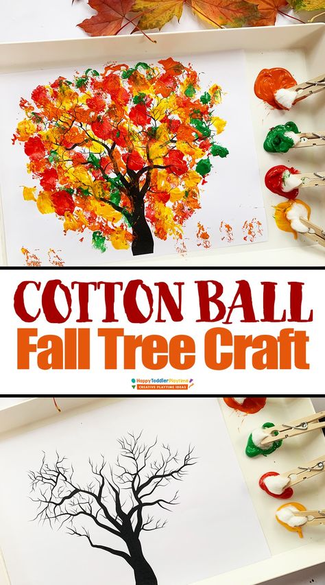 Cotton Ball Fall Tree Craft - Happy Toddler Playtime Fall Tree Craft, Cotton Ball Crafts, Preschool Crafts Fall, Toddler Painting, Fall Preschool Activities, October Crafts, Fun Fall Crafts, Fall Arts And Crafts, Toddler Arts And Crafts