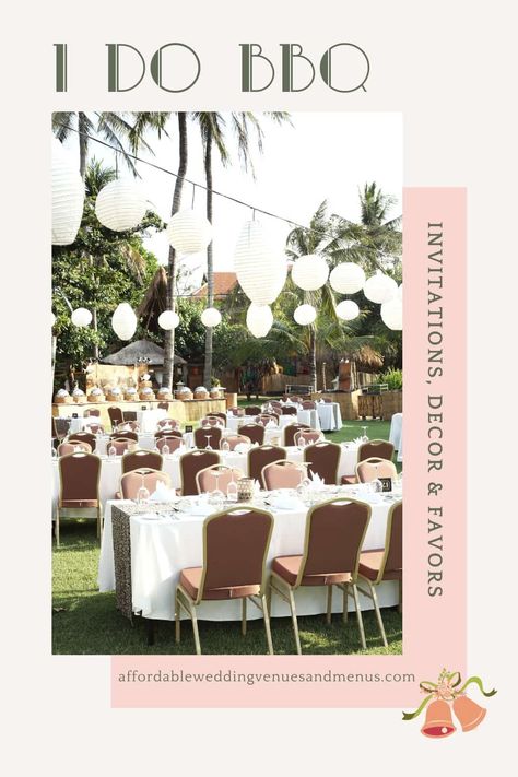 Image of an outdoor wedding reception with white lanterns hanging above. Text reads "I Do BBQ: Invitations, Decorations and Favors". I Do Barbeque Ideas, I Do Bbq Favors, I Do Bbq Welcome Sign, We Still Do Bbq Invitations, Wedding Drink Table, I Do Bbq Wedding, I Do Bbq Invitation, I Do Bbq Engagement Party, Bbq Engagement Party