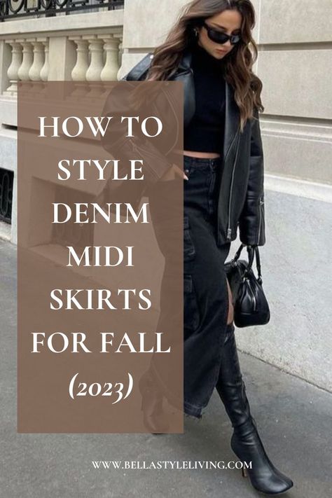 denim skirt and boots outfit How To Style Black Denim Skirt, Black Jean Skirt Outfit Winter, Denim Midi Skirt And Boots, Long Denim Skirt With Boots, Denim Black Skirt Outfit, Midi Denim Skirt Fall Outfit, Denim Skirt Outfits Fall, Midi Jean Skirt Outfits Winter, Black Denim Maxi Skirt Outfit Fall