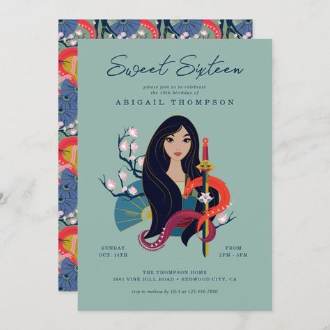 Princess Mulan | Sweet 16 Birthday Invitation Mulan Birthday, Princess Mulan, Birthday Party Snacks, 16th Birthday Invitations, 21st Birthday Invitations, Disney Princess Birthday, Sixteenth Birthday, Invitations Birthday, 30th Birthday Invitations