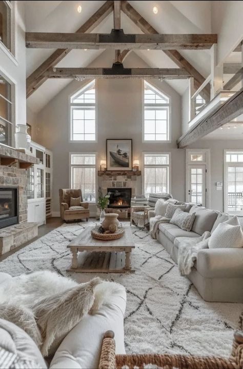 Farm Home Inspiration, White House Interior Modern Living Room, Cute Houses Aesthetic Inside, Cute Houses Inside, Farmhouse Living Room High Ceilings, Chic House Aesthetic, Modern House Style Interiors, Rustic Modern Farmhouse Interior, Dream Home Ideas Interior