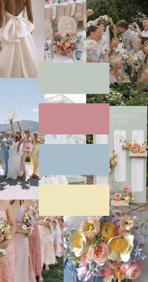 Wildflower Wedding Palette Color Schemes, Pink Blue Green Wedding Colour Palettes, Pastel Garden Wedding Flowers, Bright Western Wedding, Bridal Party Color Schemes Spring, Spring Wedding Place Settings, 70s Spring Wedding, Summer Wedding Mood Board, Blue Yellow Pink Wedding