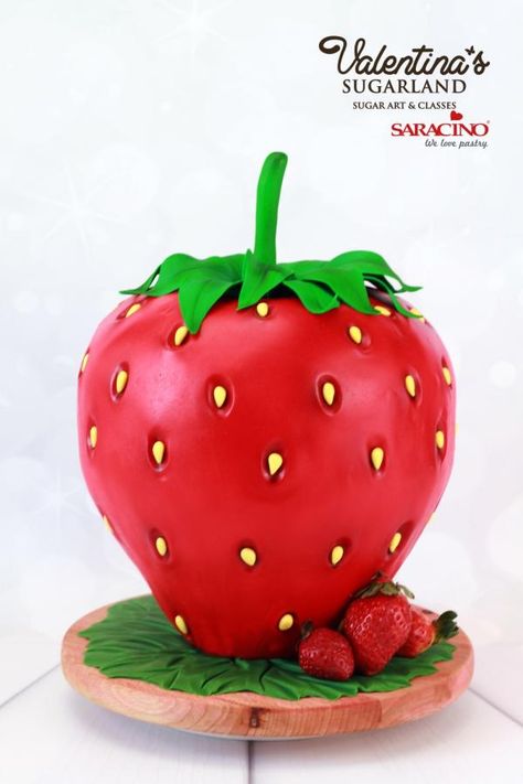 Giant Strawberry by Valentina's Sugarland Strawberry Shaped Cake, Carving Cake, Strawberry Cake Decorations, Giant Strawberry, Strawberry Birthday Cake, Gravity Cake, Cupcake Tutorial, Strawberry Shortcake Party, Strawberry Birthday