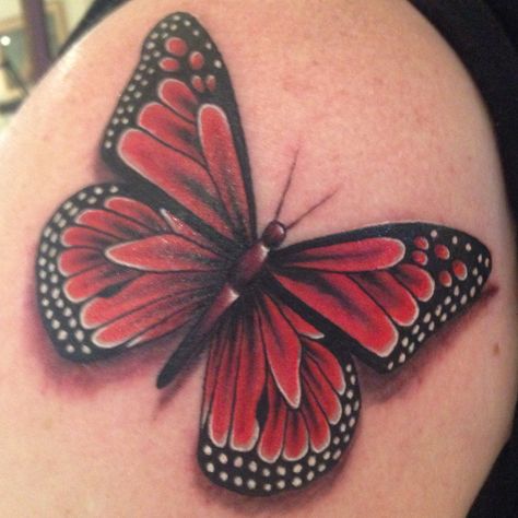 Monarch Butterfly Tattoo. Start of my half sleeve Red And Black Butterfly Tattoo, Red Ink Butterfly Tattoo, Medusa Drawing, Monarch Butterfly Tattoo, Real Tattoos, Butterfly Monarch, Ring Finger Tattoos, Sweet Tattoos, Irezumi Tattoos