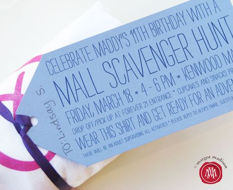 MargotMadison: Mall Scavenger Hunt Party for Tweens Mall Birthday Party, Birthday Ideas For Teens, Mall Scavenger Hunt, Scavenger Hunt Party, Scavenger Hunt Birthday, Scavenger Hunts, Birthday Party For Teens, 13th Birthday Parties, Fun Birthday Party