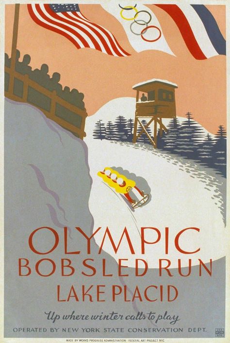 lake placid new york olympic bobsled poster historic Olympics Poster, Olympic Poster, Lake Placid Olympics, Lake Placid New York, Works Progress Administration, Wpa Posters, Winter Olympic Games, Canadian History, Lake Placid