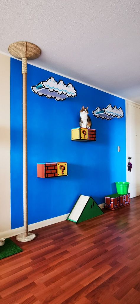 Super Mario homemade forniture for cats Mario Themed Cat Tree, Cat Spaces In Home Diy, Super Mario Cat Tree, Super Mario Cat Wall, Mario Cat Tree, Mario Cat Wall, Diy Mario Decor, Diy Cat Decor, Cat Playground Indoor Diy