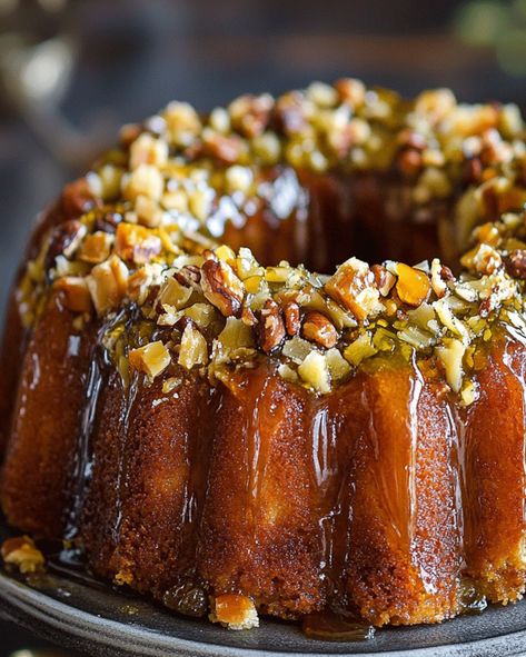 Discover the ultimate Baklava Bundt Cake recipe! A perfect blend of crunchy nuts, honey syrup, and soft cake – a dessert your family will adore. Maple Pecan Bundt Cake, Baklava Bundt Cake 12 Tomatoes, Unique Bundt Cakes, Fancy Bundt Cakes, Baklava Bundt Cake, Bundt Cake With Filling, Baklava Cake Recipe, Dessert Loaves, Honey Bundt Cake