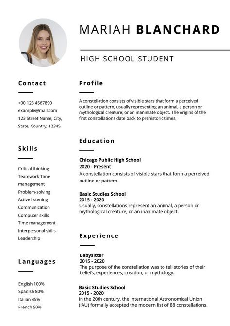 Cv For High School Students, Skills Resume Ideas, Highschool Resume Example, College Resume High School, Resume Lesson Plans High Schools, Resume For Students High Schools, Resume As A Student, Resume College Student, Resume Template First Job