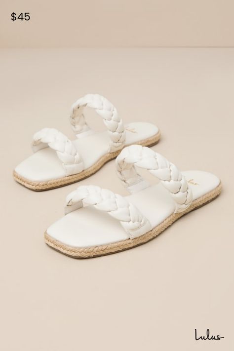 Step into summer with a fresh new look thanks to the Lulus Kennmar Off White Leather Braided Espadrille Slide Sandals! These smooth genuine leather sandals have a comfortable slide-on design, two braided straps, and a square toe bed. Sole is trimmed in beachy jute for a Boho-inspired finish. 0. 5" Rubber heel. Cushioned insole. Rubber sole has nonskid markings. Genuine leather upper. Balance man made materials. Imported. Lulus | Kennmar Off White Leather Braided Espadrille Slide Sandal Heels. Woven Leather Sandals For Summer, Leather Slides For Beach In Summer, Leather Slides For Summer Beach, Leather Slides For Summer Beach Outings, Summer Leather Sandals For Beach Season, Summer Beach Sandals With Woven Leather, Woven Leather Sandals For Beach Vacation, White Woven Leather Sandals For Summer, Summer Sandals With Braided Straps For Outings