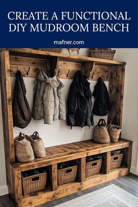 A beautiful DIY mudroom bench that's perfect for home entryway storage, providing a stylish and functional space for organizing shoes and jackets. How To Build A Coat Rack Bench, Corner Entryway Bench Diy, Bench Shoe Rack Diy, Coat Rack With Bench And Storage, Diy Mud Room Cubbies, Boot Bench Ideas, Diy Entryway Storage Ideas, Diy Front Entry Bench, Build Mudroom Bench