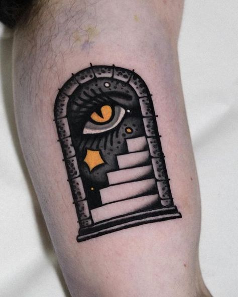 Chirima on Instagram: "Portal for Michel🚪 Done at @truelovetattoocollective #portal#colortattoo" Traditional Doorway Tattoo, Traditional Portal Tattoo, Portal Tattoo Ideas, Portals Tattoo, Doorway Tattoo, Portal Drawing, Portal Tattoo, Filler Tattoo Designs, Fake Skin Tattoo