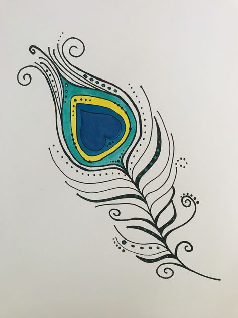 Drawing Peacock Feathers, Peacock Feather Drawing Doodles, Easy Peacock Feather Painting, Peacock Feather Line Art, Peacock Feather Doodle, Peacock Feather Sketch Design, Peacock Feather Drawing, Feather Drawing, Peacock Feather