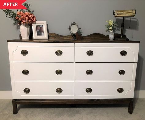 IKEA Tarva dresser painted white with dark wood top and legs, and vintage-style routing on drawer fronts Tarva Dresser Painted, Vintage Style Apartment, White With Dark Wood, Tarva Bed, Ikea Tarva Dresser Hack, Tarva Dresser Hack, Modern Style Ideas, Dark Wood Dresser, Tarva Dresser