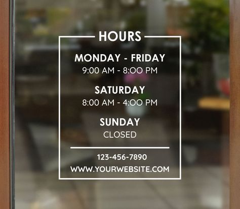 Custom Store Hours Decals

Make your store stand out with a custom store hours decal! Choose from our many designs or create your own. #storehours #openclosedsign . #Wall_Logo_Design_Interior #Operating_Hours_Design #Business_Hours_Sign_Template #Open_And_Closed_Signs Operating Hours Design, Store Hours Sign Ideas, Business Door Signs, Business Front Door, Opening Hours Sign, Store Hours Sign, Business Hours Sign, Random Accessories, Decal Business