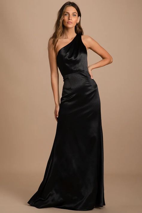 Black Satin Bridesmaid Dress, Black Tie Event Dresses, The Guest List, Glam Dress, Black Tie Wedding Guests, Full Maxi Skirt, Black Bridesmaids, Lulus Dresses, Black Bridesmaid Dresses