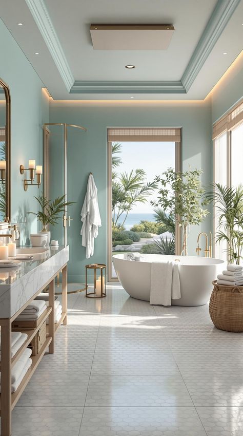 Coastal Bathroom Ideas Spa Like Blue Bathroom, Country Coastal Bathroom, Cozy Coastal Bathroom, Blue Spa Bathroom Ideas, Costal Bathroom Master, Teal And White Bathroom, White Coastal Bathroom, Blue Bathroom Aesthetic, Beach Bathroom Ideas