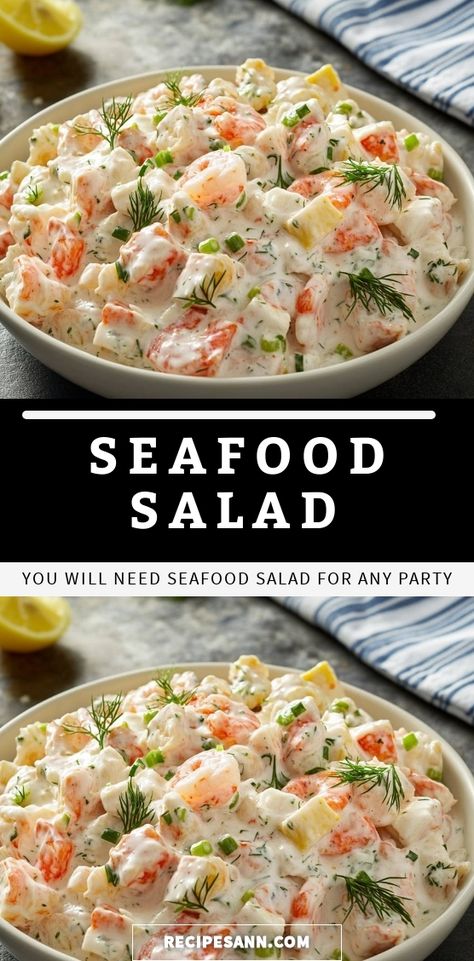 I absolutely love making this seafood salad for any gathering! It’s a flavorful blend of shrimp, crab, and creamy dressing that everyone enjoys. Perfect as a light meal or a side dish, this salad brings a burst of freshness to the table. Trust me, you’ll need this seafood salad at your next party! Crab Seafood Salad Recipes, Cold Seafood Recipes, Seafood Salad Recipe With Crab Shrimp, Sides For Seafood Dishes, Seafood Pasta Salad Crab And Shrimp, Side Dishes For Seafood, Crayfish Salad, Thai Shrimp Salad, Seafood Salad Recipe