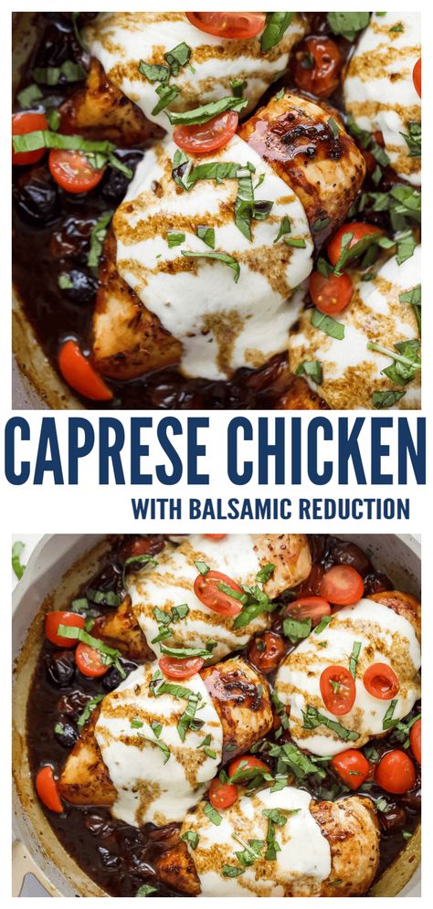 This juicy, baked chicken caprese is drizzled with balsamic reduction for a savory meal you'll love! Each bite is filled with fresh basil, melty mozzarella, and sweet roasted tomatoes for a mouthwatering chicken dinner you'll never regret making #chickendinner #chickenrecipes #bakedchicken #chickencaprese #caprese #easydinnerideas Chicken With Pesto Tomato And Mozzarella, Chicken Basil Mozzarella, Chicken Mushroom Mozzarella Recipes, Chicken Caprese Pasta Bake, Balsamic Chicken And Tomatoes, Caprese Salad Chicken, Chicken Caprese Skillet, Balsamic Chicken Bake, Baked Chicken Caprese Recipe