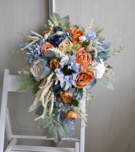 Rust Terracotta Wedding Bouquet Cascading Bouquet Fall - Etsy Terracotta Wedding Bouquet, Rust Terracotta Wedding, Wedding Bouquet Cascading, Blue Orange Weddings, Bouquet Fall Wedding, Orange Wedding Bouquet, Cascading Bouquet, Wedding Color Pallet, Pallet Wedding