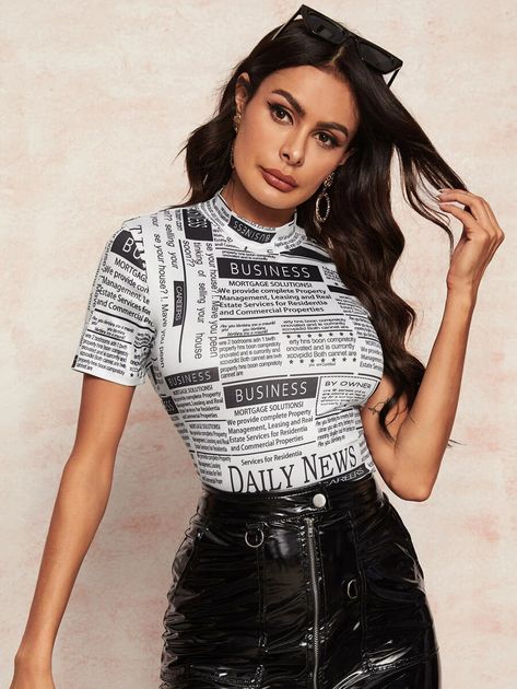 Newspaper Print Fitted Tee | SHEIN USA Newspaper Fashion, Modest Formal Dresses, Newspaper Print, Newspaper Printing, Dresses Formal Elegant, Formal Dresses Short, Soft Clothes, Formal Dresses For Weddings, Fitted Tee