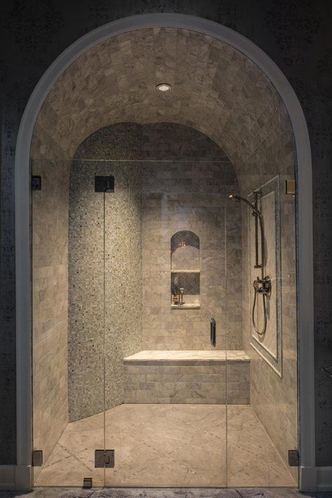 Big Shower Bathroom, Marble And Stone Bathroom, Sit Down Shower Ideas, Big Shower Aesthetic, Giant Showers Master Bath, Cave Shower Walk In, Fancy Showers Walk In, Huge Shower Walk In, Bathroom Shower Ideas Walk In