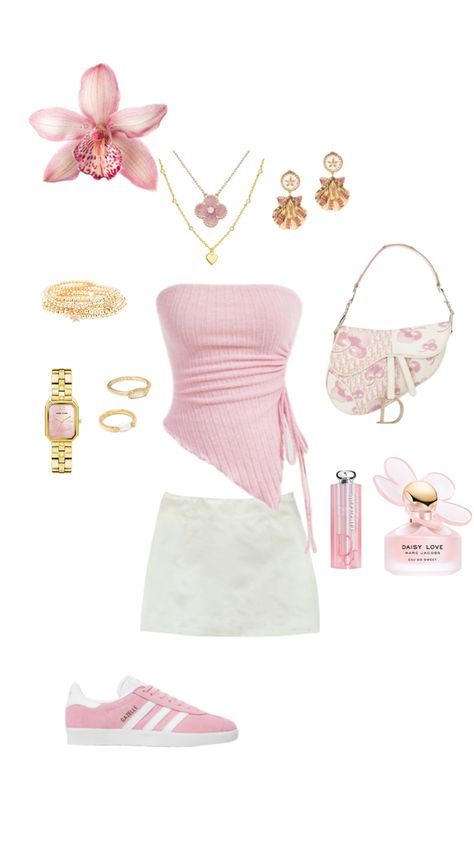 Coquette Museum Outfit, Pink Outfits Summer Aesthetic, White Skirt And Pink Top Outfit, Summer Flower Outfits, Pink Summer Outfits Girly, Pink And White Outfit Ideas Party, Pink Summer Outfits Casual, Carribean Cruise Outfits Ideas, Holiday Outfits Summer Aesthetic