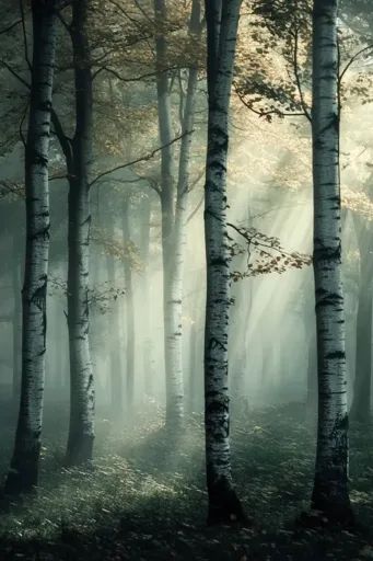 ↑↑↑ Larger size on website 🔸 A dense forest of tall birch trees is shrouded in fog. The sun's rays pierce through the mist, creat Story Settings, Forest Mist, Dense Forest, Birch Forest, Night Forest, Misty Forest, Fallen Leaves, Forest Trees, Birch Trees