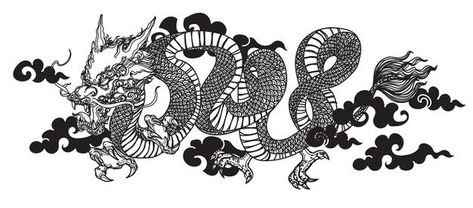 Hand Drawing Sketch, Sketch Black And White, Year Tattoo, Trash Polka Tattoo Designs, Vector Tattoo, Dragon Tattoo Art, Chinese Dragon Tattoos, Tattoo Board, Trash Polka Tattoo