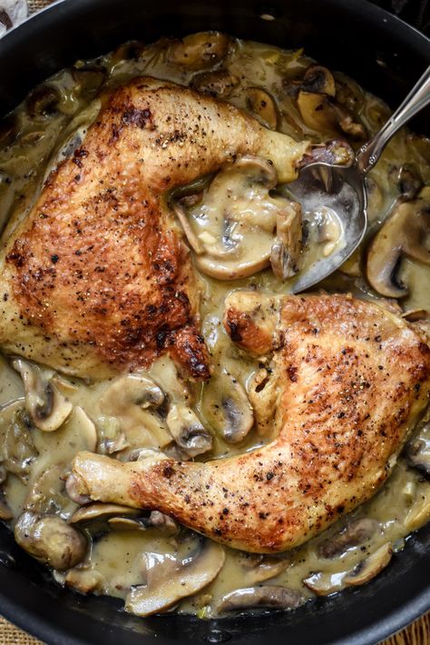 Chicken in Creamy Mushroom Sauce (Poulet à la Forestière) Chicken Chasseur Recipe, Creamy Mushroom Sauce Recipe, Mushroom Fricassee, French Kitchens, French Foods, Mushroom Sauce Recipe, Leg Quarters, Beer Chicken, Creamy Mushroom Sauce