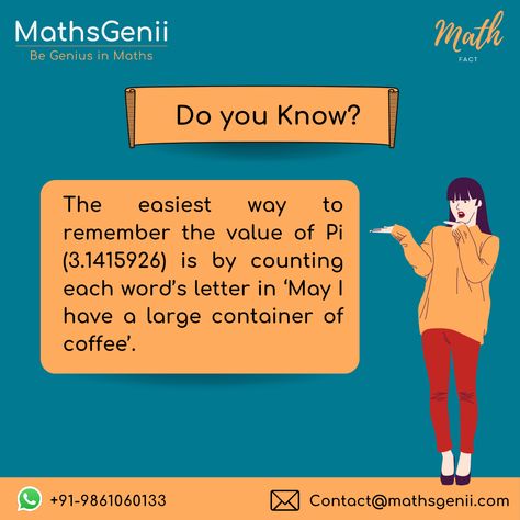 Did you liked this fact? Please tell us in the comments. Follow us for math questions, facts, puzzles and tricks. #cbse #maths #ncert #cbsemaths #mathstudent #mathskills #mathstudents #mathslover #mathsclass #mathspuzzle #mathsexam #mathsquestions #quickmaths #mathsstudent #mathslove #mathematics #mathclass Math Trivia, Value Of Pi, Maths Learning, Maths Exam, Math Questions, Math Formulas, Math Humor, Math Tricks, Math Class