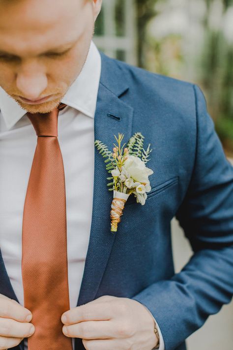 White Tuxedo Wedding, Copper Tie, September Wedding Colors, Blue Groomsmen, Wedding Drinkware, Groom's Suit, Rust Bridesmaid Dress, White Bridal Gown, Groom Wedding Attire