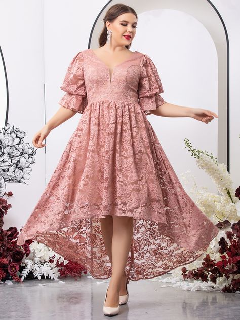 Plus Puff Sleeve High Low Lace Bridesmaid Dress Plus Bridesmaid Dresses, Trendy Lace Dresses, High Low Fashion, Plus Size Lace Dress, Lace Bridesmaid Dress, Big Size Dress, Lace Bridesmaids, Bridesmaid Dresses Plus Size, Lace Bridesmaid Dresses