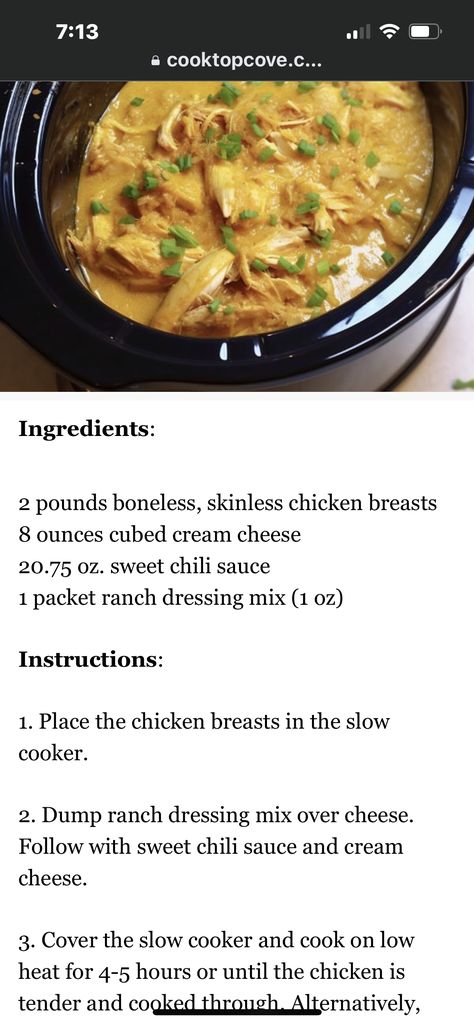 Ranch Dressing Mix, Sweet Chili Sauce, Sweet Chili, Ranch Dressing, Skinless Chicken Breast, Slow Cooker Chicken, Chicken Breast, Cream Cheese, Slow Cooker