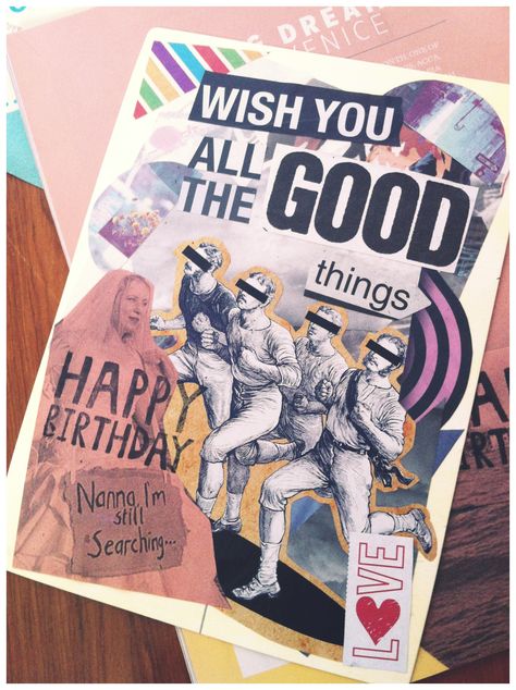 DIY birthday card collage. Friendship Magazine Diy, Photo Collage Birthday Card, Birthday Card Collage Ideas, Homemade Cards Aesthetic, Collage Birthday Cards, Birthday Card Diy Aesthetic, Artsy Birthday Card, Collage Greeting Cards, Happy Birthday Card Aesthetic