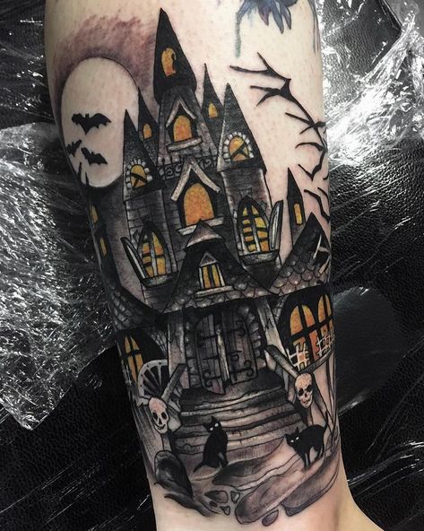 Hanted house from a while ago🦇👻🖤 #hauntedhousetattoo #blackworktattoo #blacktattoo #btattooing #blxckink #blackwork #tttism #blacktattooart… Haunted House Tattoo, Halloween Tattoo Ideas, Halloween Tattoos Sleeve, House Tattoo, Castle Tattoo, Card Tattoo Designs, Christmas Tattoo, Scary Tattoos, Spooky Tattoos